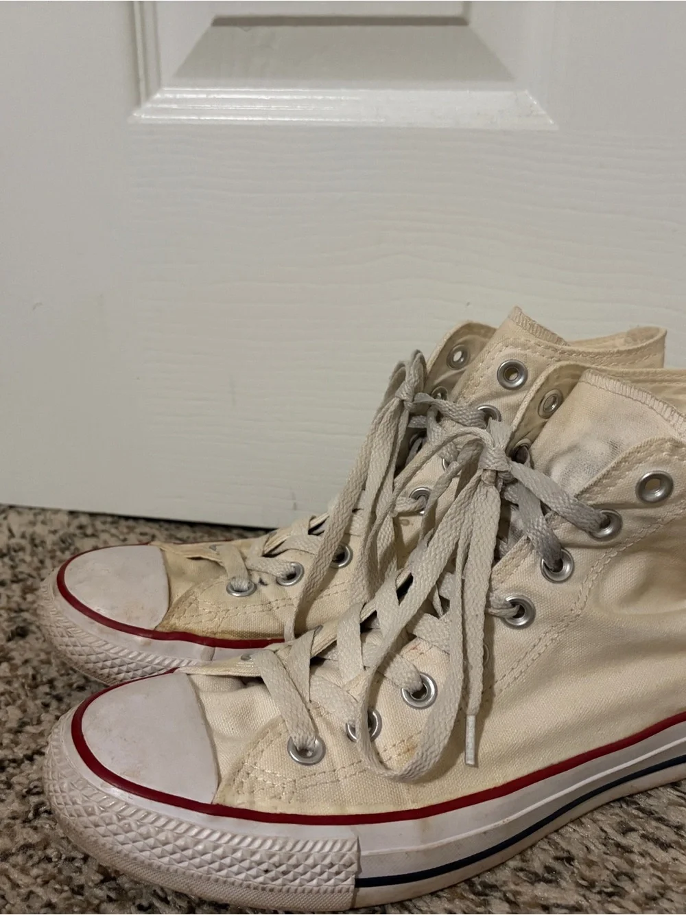 High-Top Canvas Sneakers in Cream with Red Accent